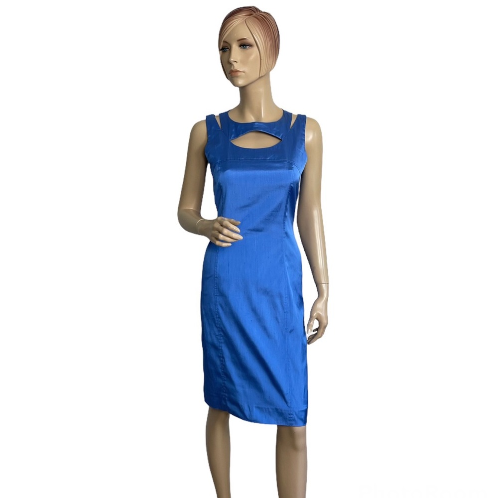 Leggiadro Blue Cutout Neck Dupioni Silk Lycra Sheath Women’s Dress 8